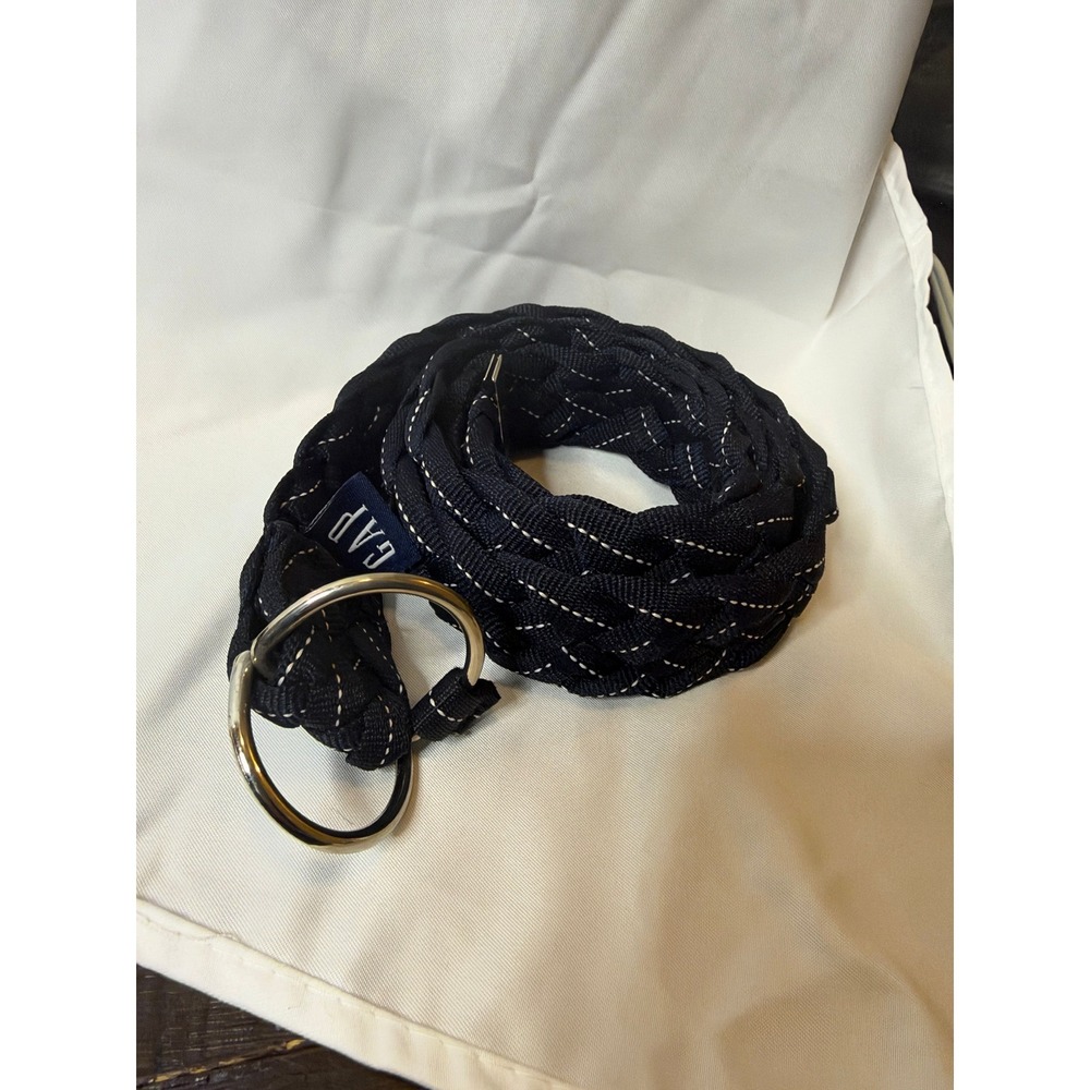 Gap Navy Blue Braided Woven D-Ring Belt White Contrast Stitching Adjustable